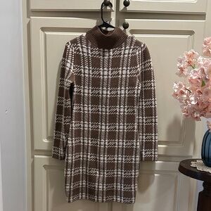 Pink Rose Plaid Mock Neck Sweater Dress